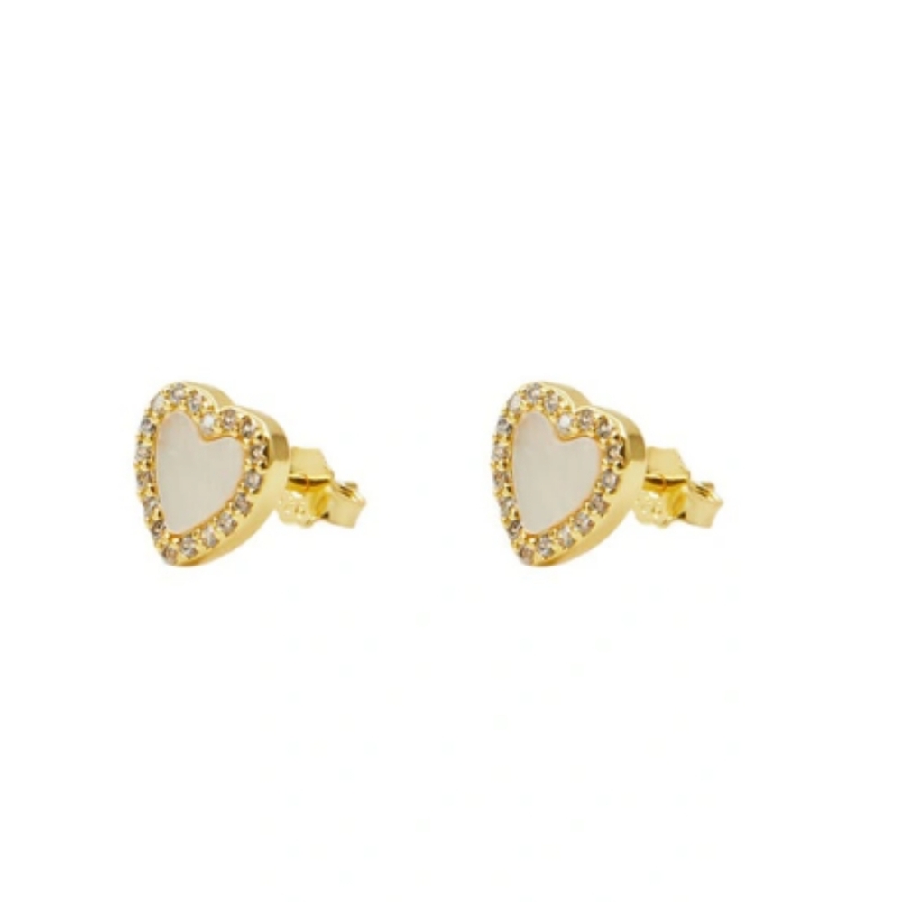 NEW Pavé Mother-of-Pearl Heart Stud Earrings In Gold (plated) - Picture 2 of 2